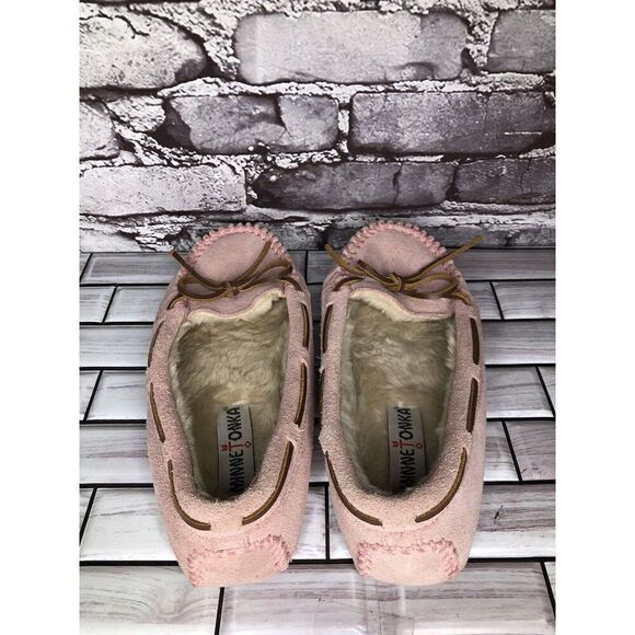 MINNETONKA Pink Rawhide Lace Cally Slip On Leather Moccasins Women Sz 8M US/39EU - Picture 7 of 16